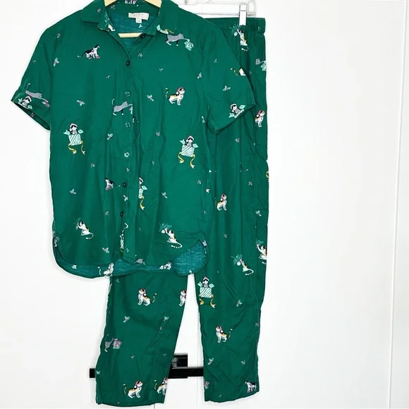 LOFT flannel kitten Cat Christmas pajamas Medium Green short sleeve pants button - Picture 3 of 16